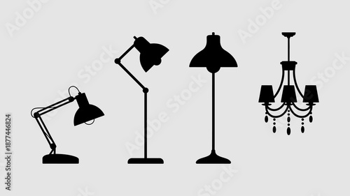 a minimalistic illustration showcasing a variety of lighting fixtures including lamps a floor lamp and a chandelier in black silhouettes high quality professional detailed modern elegant