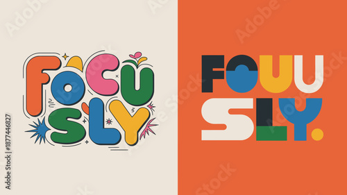 a colorful graphic design featuring the word focus sly displayed in two contrasting styles on a split background of cream and orange high quality professional detailed
