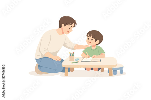 Father Encouraging Child After Completing Homework at Home