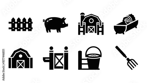 Farm icons set: silhouette of barn, gate, pig, and tools for agriculture and rural life