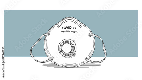 Protective face mask for pandemic safety in hand drawn style on blue background