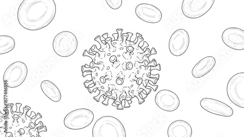 Black and white coronavirus and red blood cells sketch on white background