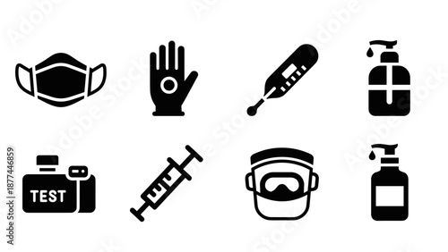 Essential health icons set: masks, thermometer, sanitizer, test kit, syringe, gloves