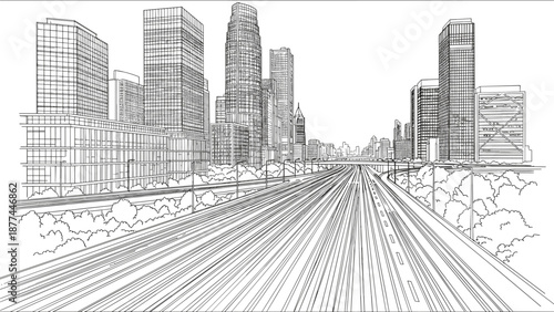 Modern cityscape with highway in linear perspective art