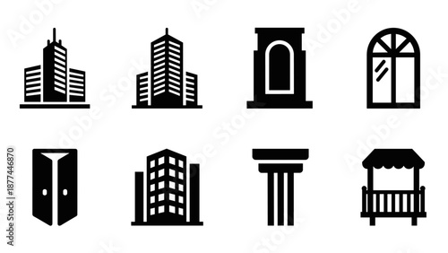 Architectural silhouettes: modern buildings and classical elements in bold black