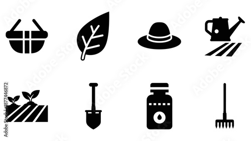 Silhouette garden icons set: tools, plants, and accessories for horticulture design