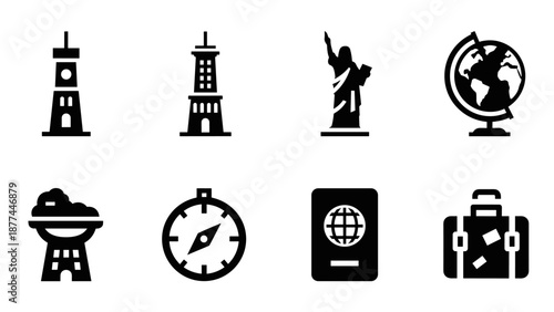 Travel icons set: monuments, globe, passport, and luggage in simple silhouette style
