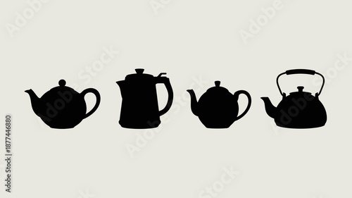 a minimalist depiction of various black silhouettes of teapots and kettles arranged in a horizontal line against a neutral background high quality professional detailed modern elegant