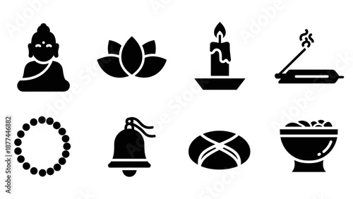 Minimalist meditation icons: buddha, lotus, candle, incense, beads, bell, zen stones, bowl