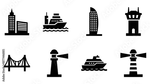Silhouette icons of urban and marine structures