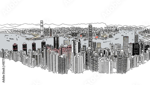Intricate cityscape panorama featuring skyline with skyscrapers and harbor