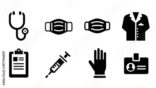 Healthcare icons set: medical, face mask, lab coat, syringe, clipboard, gloves, id badge