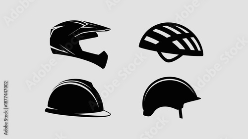 A monochromatic illustration showcasing four distinct helmet designs including a mountain bike helmet a road cycling helmet a construction helmet and a cap high quality professional