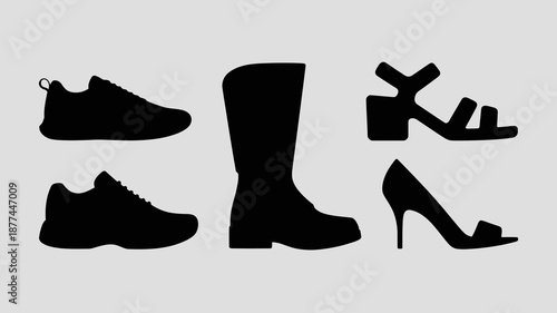 a collection of silhouetted footwear including sneakers boots high heels and other shoe styles presented against a neutral gray background high quality professional detailed modern elegant