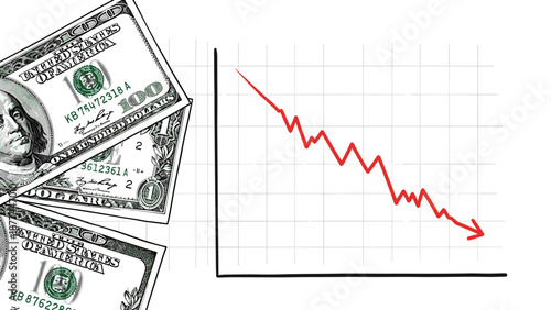 Economic decline graph with falling red line and dollar bills