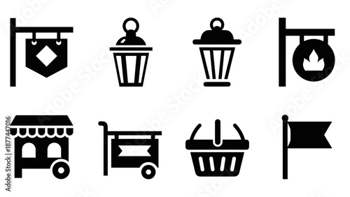 Set of market and lantern icons in bold black silhouette style