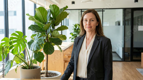 Business Woman Standing Next to Potted Plant in Modern Office