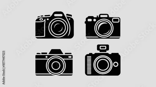 an illustrative depiction of four distinct camera icons arranged in a square formation against a muted gray backdrop showcasing photography high quality professional detailed modern elegant