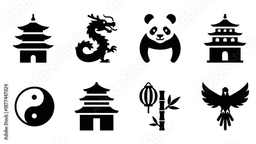 Asian cultural icons set featuring pagoda, dragon, panda, and yin yang symbols