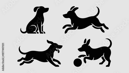 a collection of four distinct black silhouettes depicting dogs in various poses showcasing their dynamic movements and playful energy high quality professional detailed modern elegant stylish