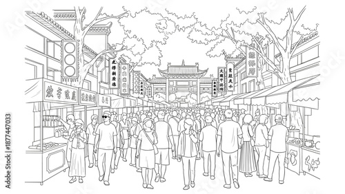 Linear street market scene with crowds in traditional asian setting