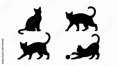 a collection of four black silhouettes depicting cats in various poses including sitting walking and stretching against a white background high quality professional detailed modern elegant