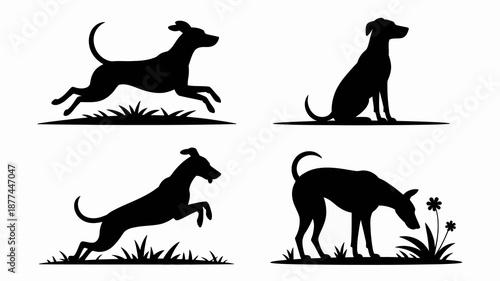 A collection of black silhouette images showcasing dogs in various playful poses including jumping sitting sniffing and exploring grassy areas high quality professional detailed modern elegant