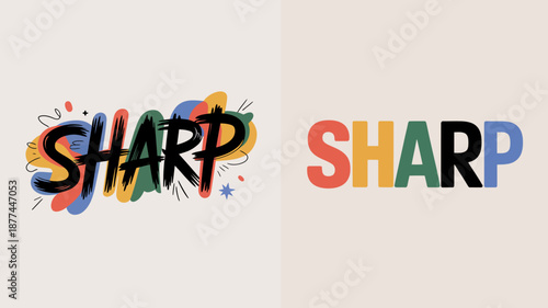 the image displays the word sharp in two distinct typographic styles one with colorful abstract elements and the other in a bolder simpler design high quality