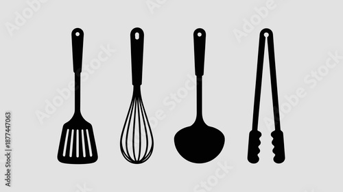 a minimalist depiction showcases four distinct black kitchen utensils arranged in a single row including a spatula whisk ladle and tongs high quality professional detailed modern