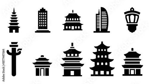 Silhouette icons of asian architecture and landmarks for travel designs