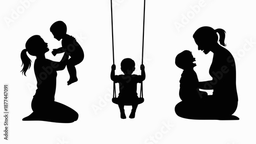a silhouette illustration depicts a mother with a baby a child on a swing and another mother with a son high quality professional detailed modern elegant
