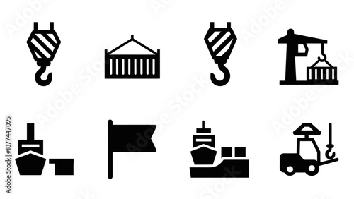 Collection of simple port and shipping icons featuring cranes, containers, and flags