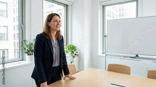 Businesswoman standing by conference table in modern office