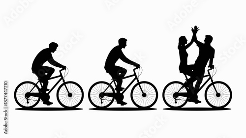 a simple black silhouette depicts three individuals on bicycles showcasing a couple joyfully riding together and a lone cyclist high quality professional detailed modern elegant stylish