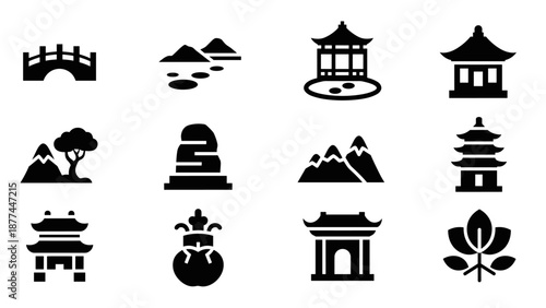 Minimalist japanese icons set: pagodas, bridges, gardens, mountains
