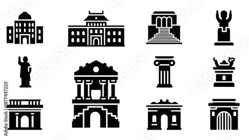 Icon set of ancient monuments and landmarks in black silhouette style