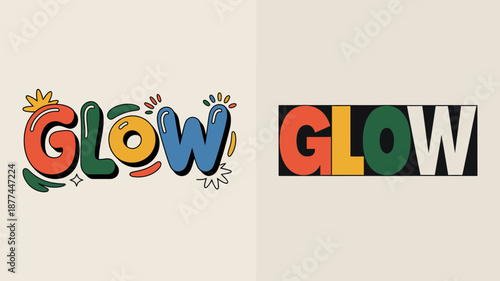 a vibrant visual composition showcasing the word glow in two distinct styles utilizing playful color schemes and illustrative elements high quality professional detailed modern elegant stylish