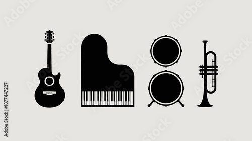 a minimalist black and white illustration showcases several musical instruments arranged linearly including a guitar piano drum set and a trumpet high quality professional detailed modern