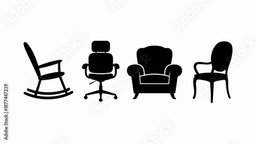 a simple black and white illustration depicting four distinct types of chairs arranged horizontally in a row showcasing furniture design high quality professional detailed modern elegant