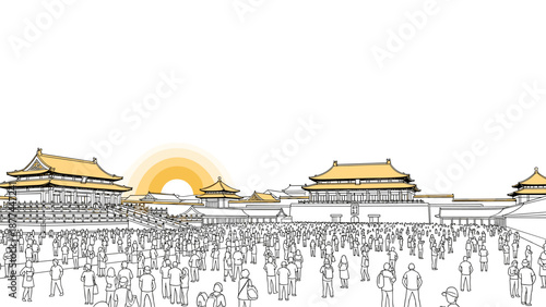 Sunset overcrowded palace scene with traditional asian architecture in linear style