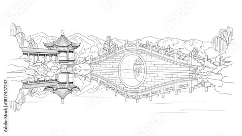 Serene chinese landscape with bridge and pagoda in linear style