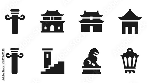 Set of chinese culture icons in black silhouette style including pagodas and lanterns