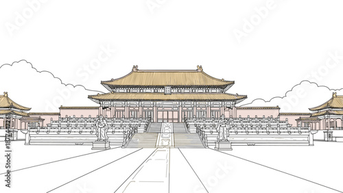 Ancient chinese palace line art with traditional architecture and symmetrical design