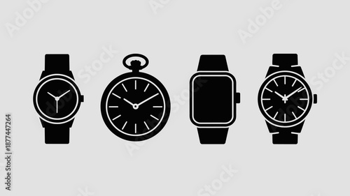a collection of four distinct silhouette watches showcasing different styles and designs including classic modern and digital timepieces high quality professional detailed elegant stylish clean crisp