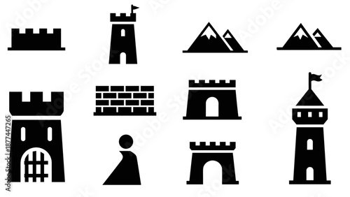 Castle and mountain icons collection: silhouette designs for medieval and nature themes