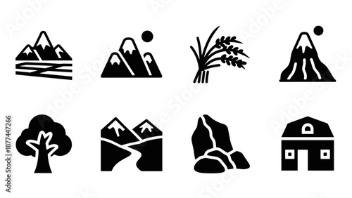 Minimalist nature and farming icons collection in black and white