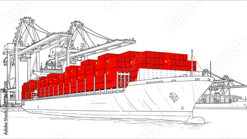 Line art of a cargo ship with red containers at dock with cranes