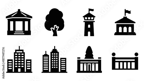 Icon set of urban and historical buildings in silhouette style