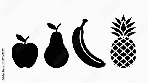 a simple minimalist illustration depicts four different fruits an apple a pear a banana and a pineapple all in black silhouettes high quality professional detailed modern