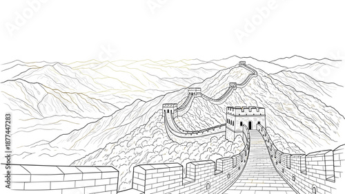 Great wall of china linear art: timeless heritage across majestic mountains